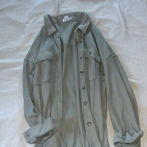 Waffle Knit Button-Up Shirt Jacket - Sage Green